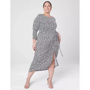 Lane Bryant Dress‎ Sz 10/12 Black White Lila Floral Long-Sleeve Ruched Slit Midi